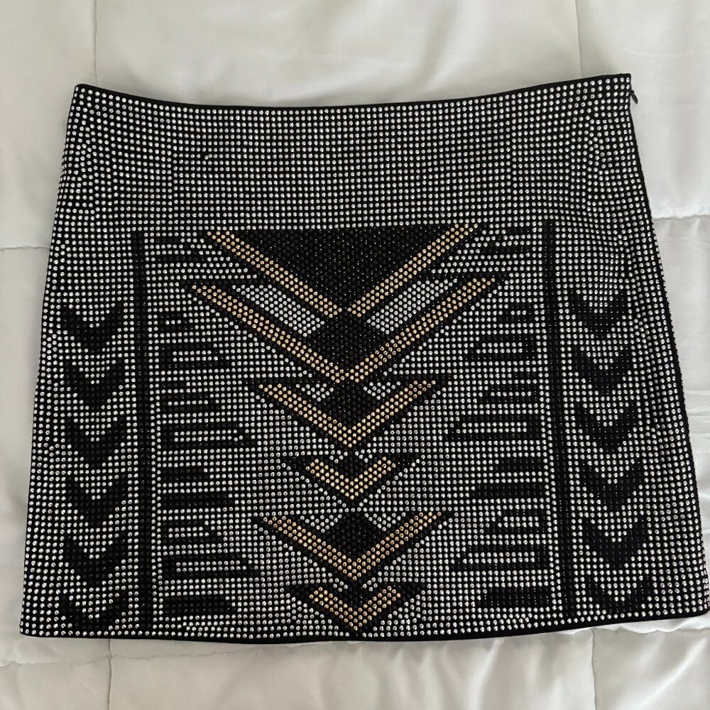 FATE Women's Bling Skirt Black, Silver, Gold Aztec Mini Geometric Skirt Chic M